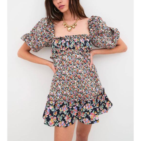 For Love & Lemons Hudson Mini Dress Black Floral Size Medium NWT Stretchy Back - Picture 1 of 15